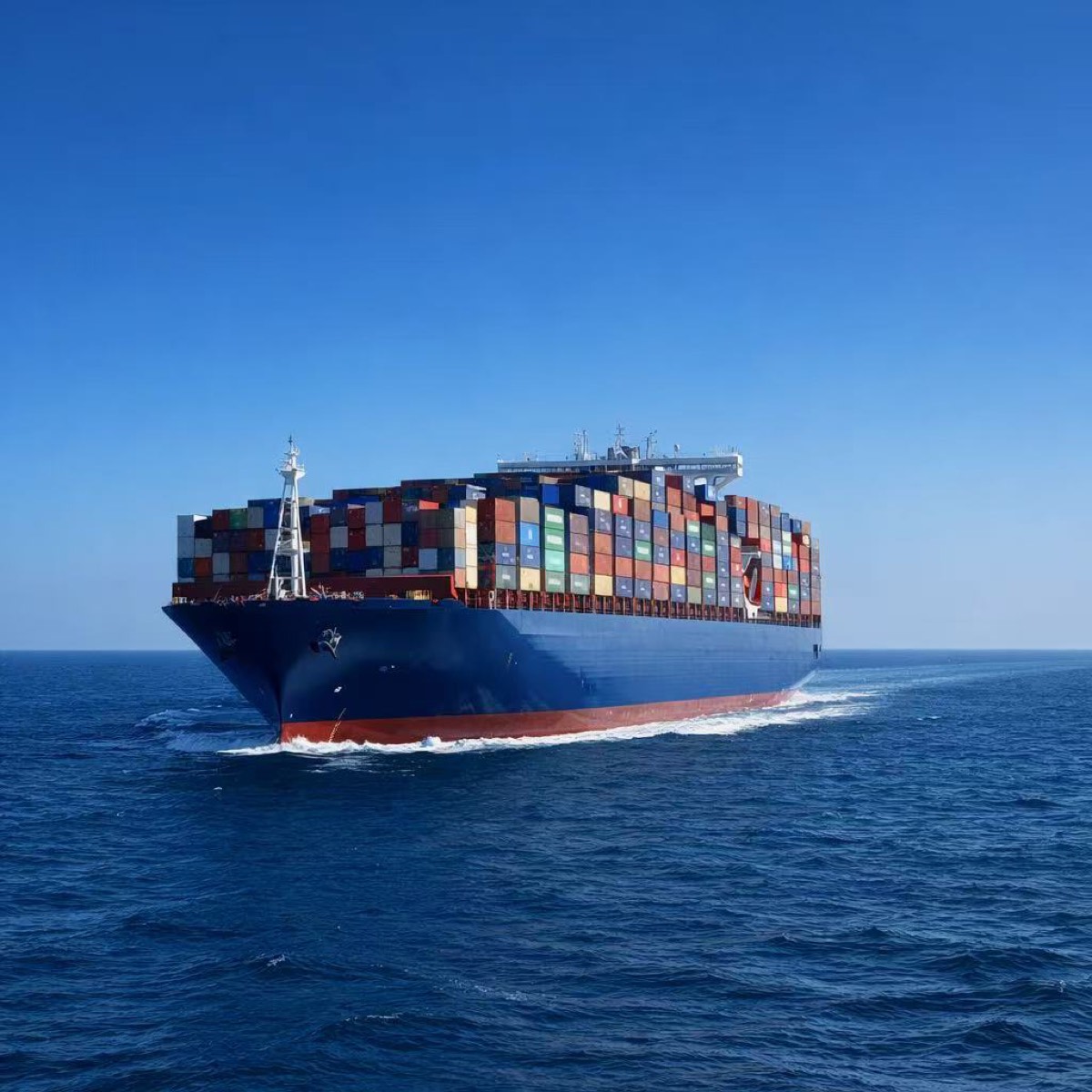 Container ship carrying international cargo across open water